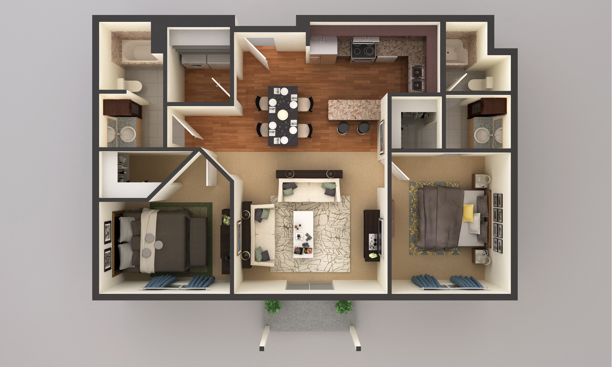 Floor plan for 2 beds, 2 baths, 1045 sqft